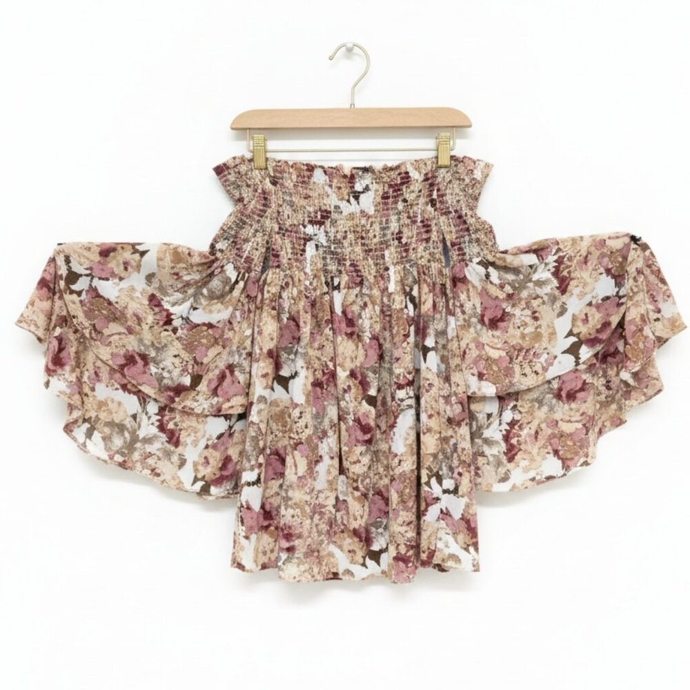 AKAIV*FLORAL SMOCKED OFF-THE-SHOULDER BLOUSE W/DOUBLE-TIER TRUMPET SLEEVE*SIZE:S